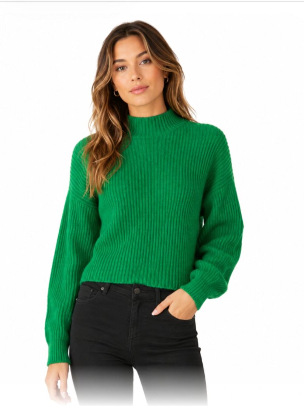 TIBI Sweater Green Wool Rib Cropped Pullover Mock Turtleneck  XS